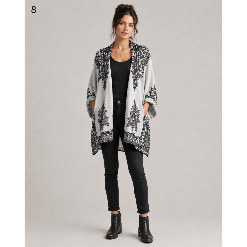 HWR Monogram Cardigan Sweater XS/S White Black Tapestry Print Kimono Sleeves